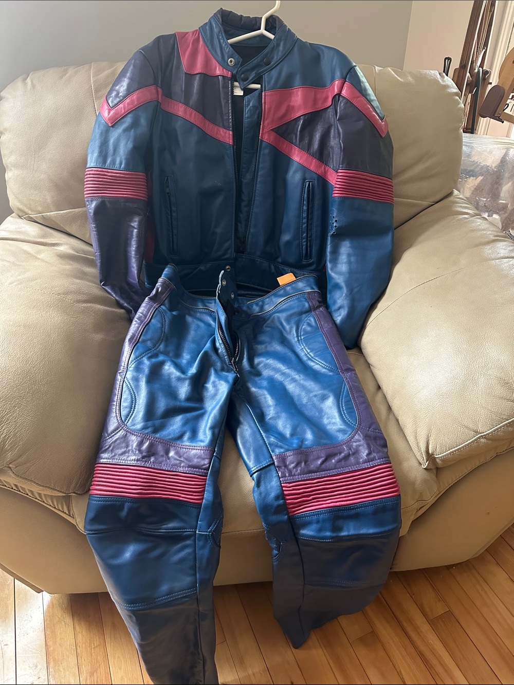 Blue, Pink, and Purple Leather Motorcycle Suit